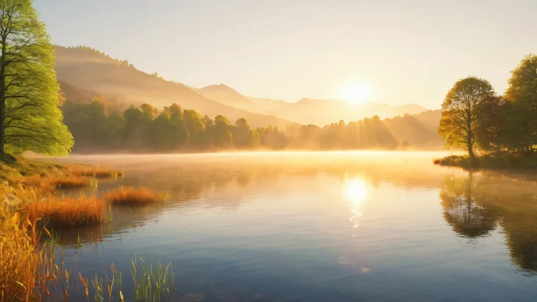 A serene lake surrounded by lush greenery and towering tree lines, with a misty veil rising from the water's surface, gently caressing the surrounding hills. Suitable for desktop/PC backgrounds.