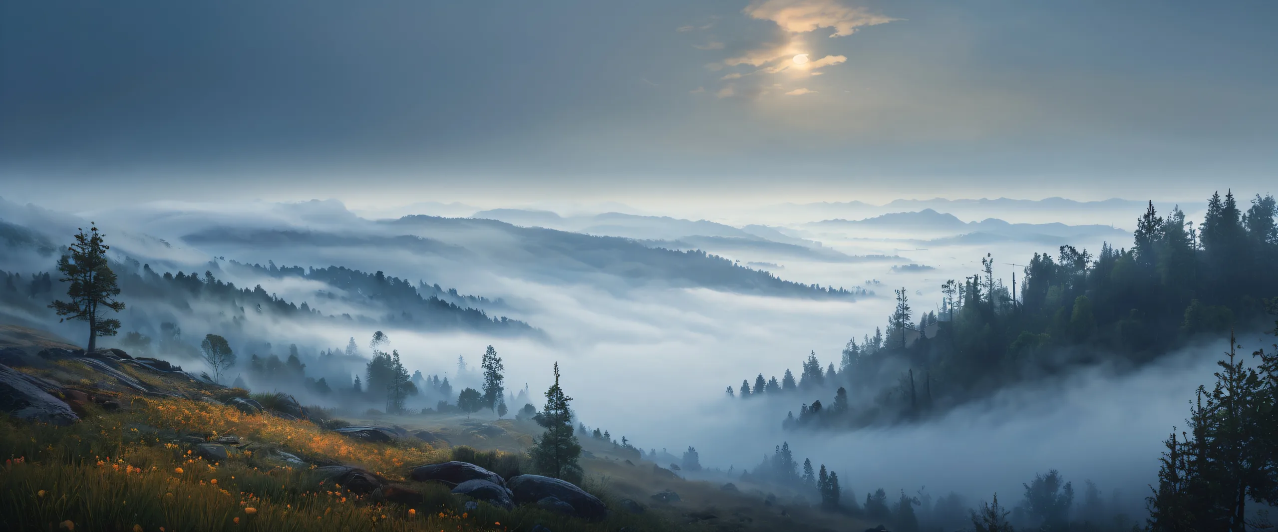 Stunning Misty Morning Panorama Wallpaper A serene misty morning landscape for your desktop or PC, with volumetric fog and rich colors.