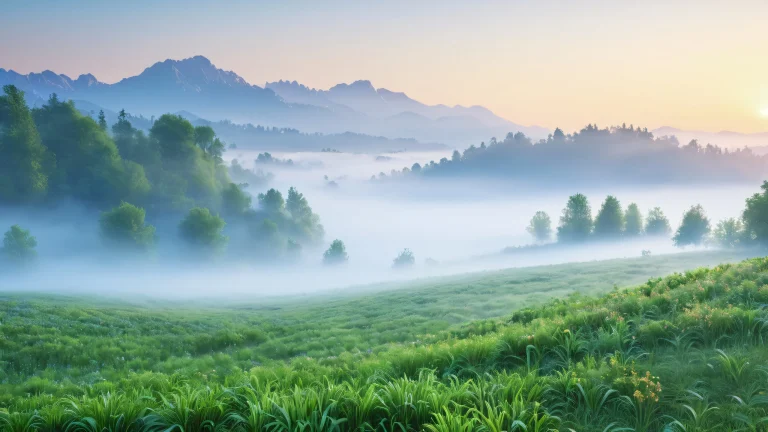 A serene misty morning scene with foggy landscape and subtle dawn light.