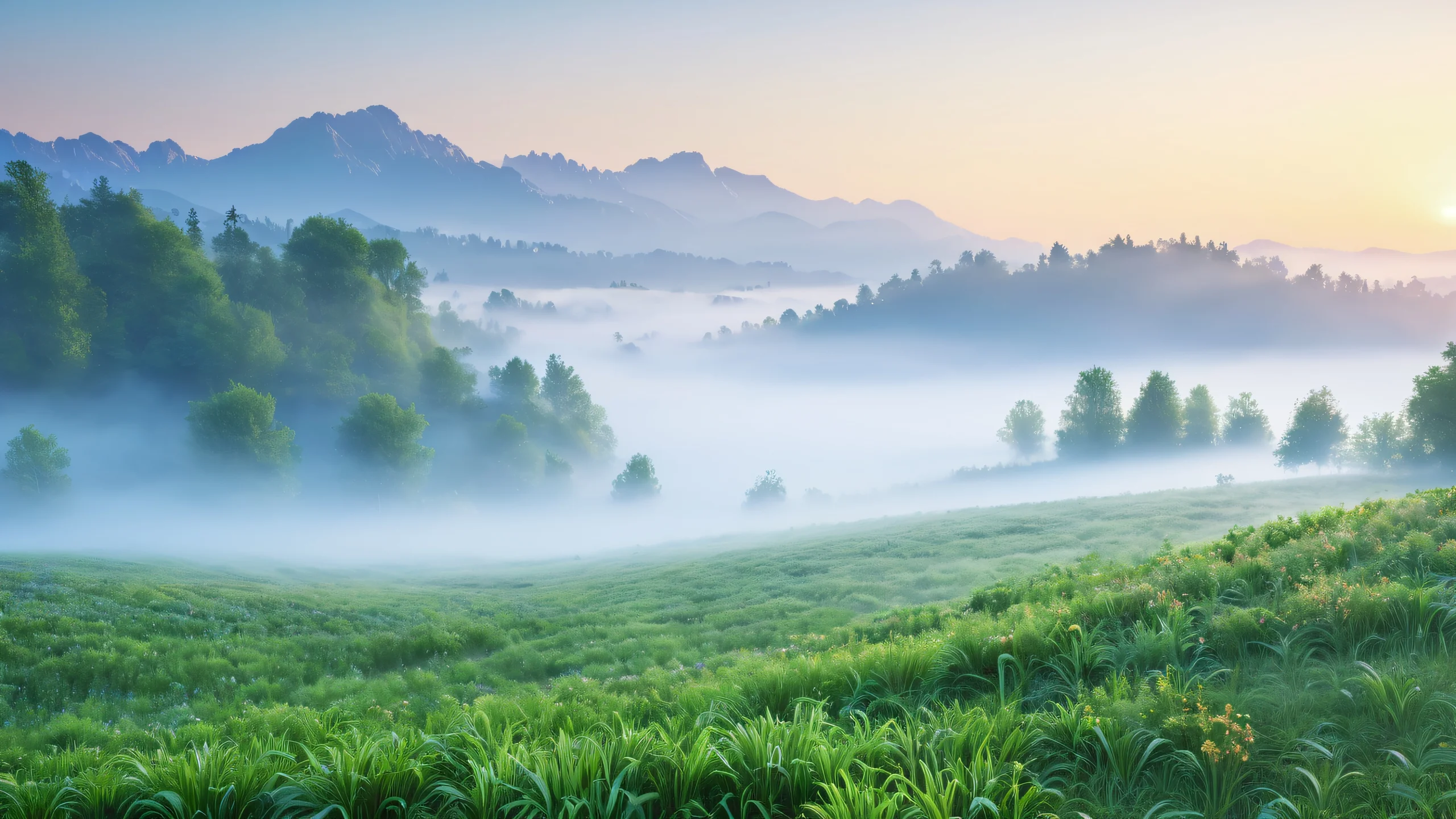 Epic Misty Morning Serenity 4K Desktop Wallpaper A serene misty morning scene with foggy landscape and subtle dawn light.