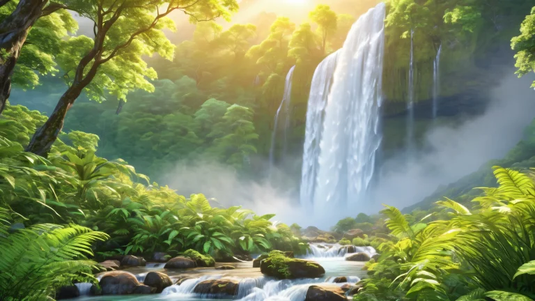 Serene waterfall desktop image with lush forest and misty mountain, suitable for PC or desktop wallpaper.