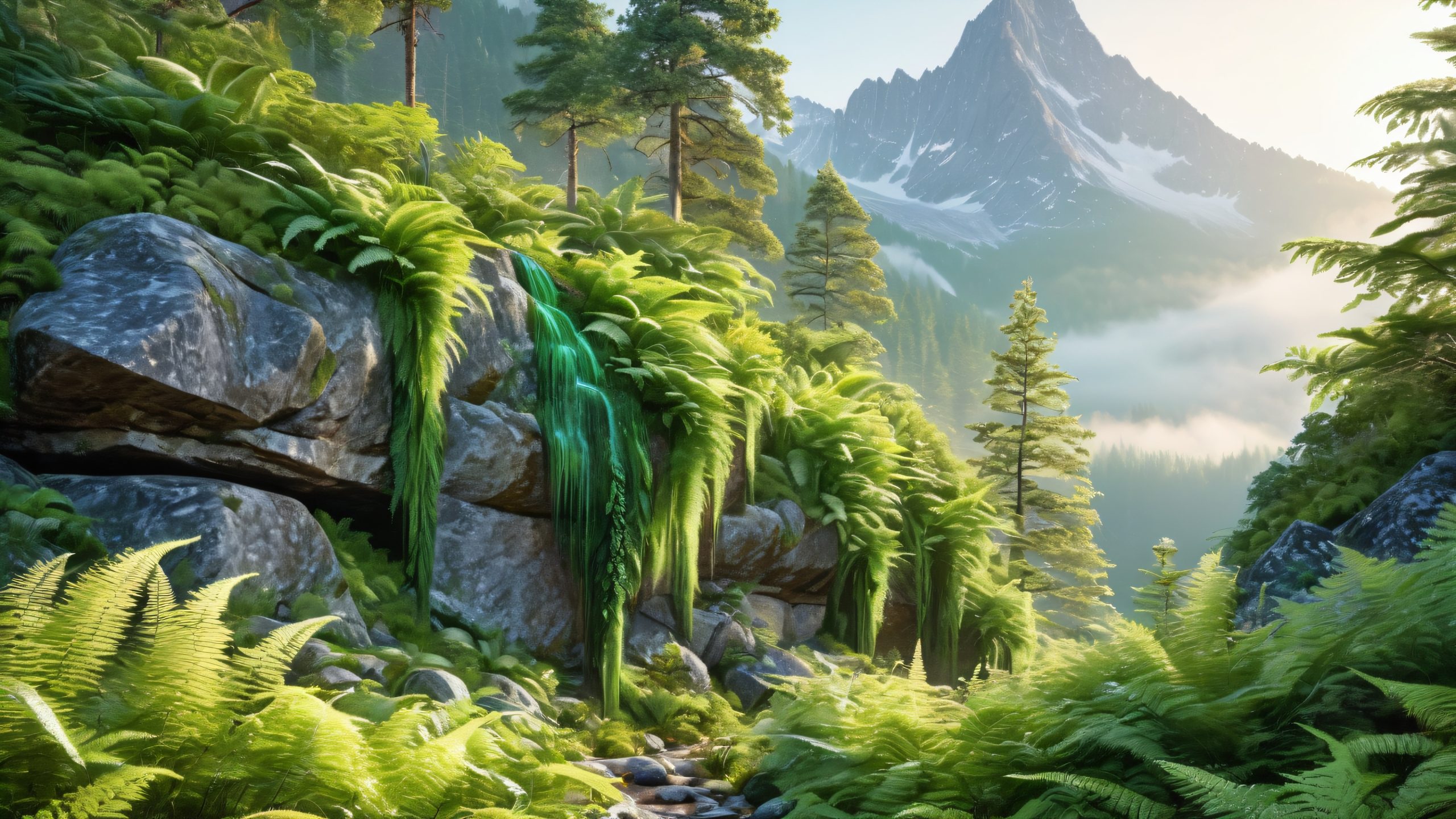Misty Mountain Solace 4K UHD Wallpaper A serene mountain peak with a crystal-clear waterfall and misty forest glade in the morning sunlight.