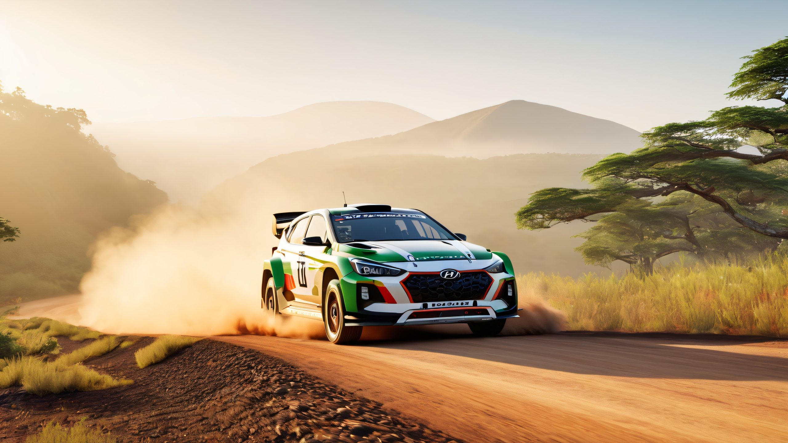 A Hyundai rally car, adorned with the Kenya livery, speeding down a winding gravel road on a misty, mountainous desktop/pc background.