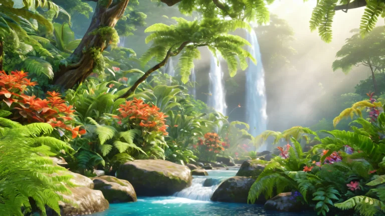 A lush rainforest desktop wallpaper featuring a misty waterfall and tropical foliage with birds chirping in the distance, PCまたはデスクトップに適しています.