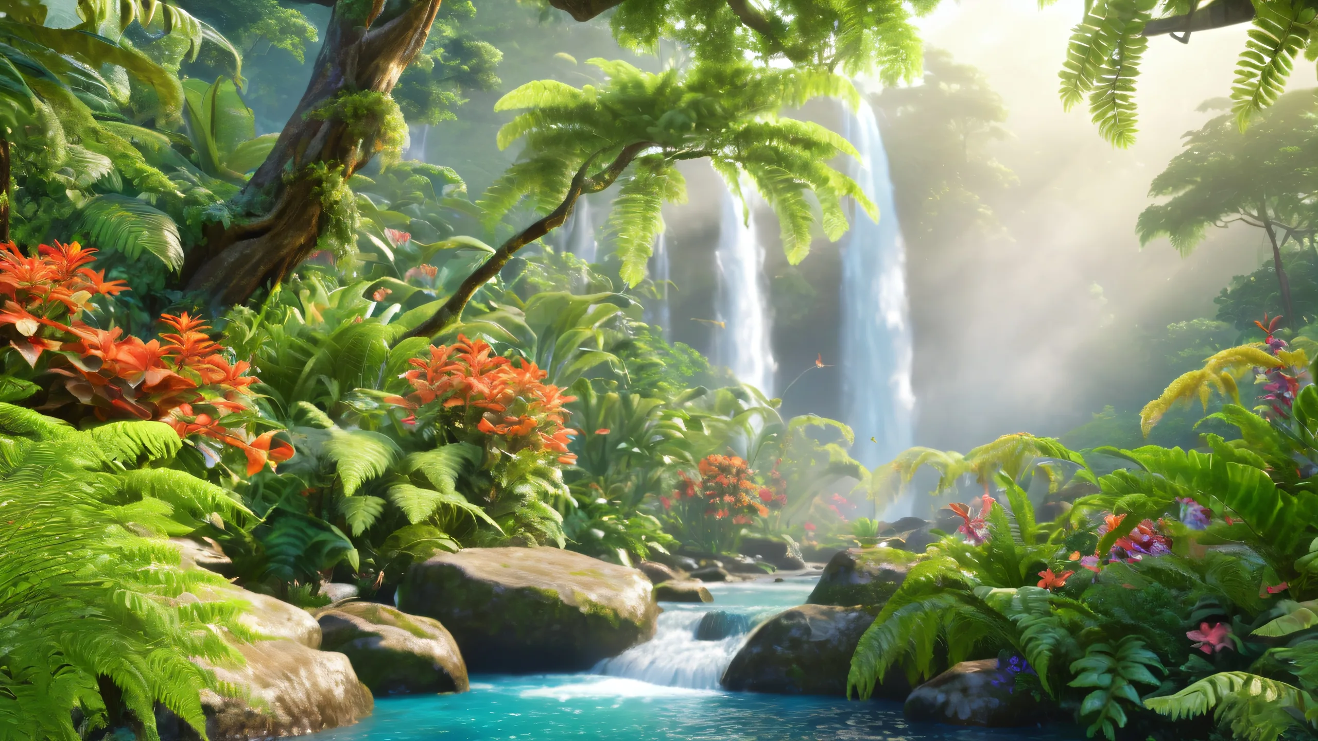 Epic Misty Rainforest Oasis 4K Desktop Wallpapergeeignet für PC oder Desktop A lush rainforest desktop wallpaper featuring a misty waterfall and tropical foliage with birds chirping in the distance, suitable for PC or Desktop.