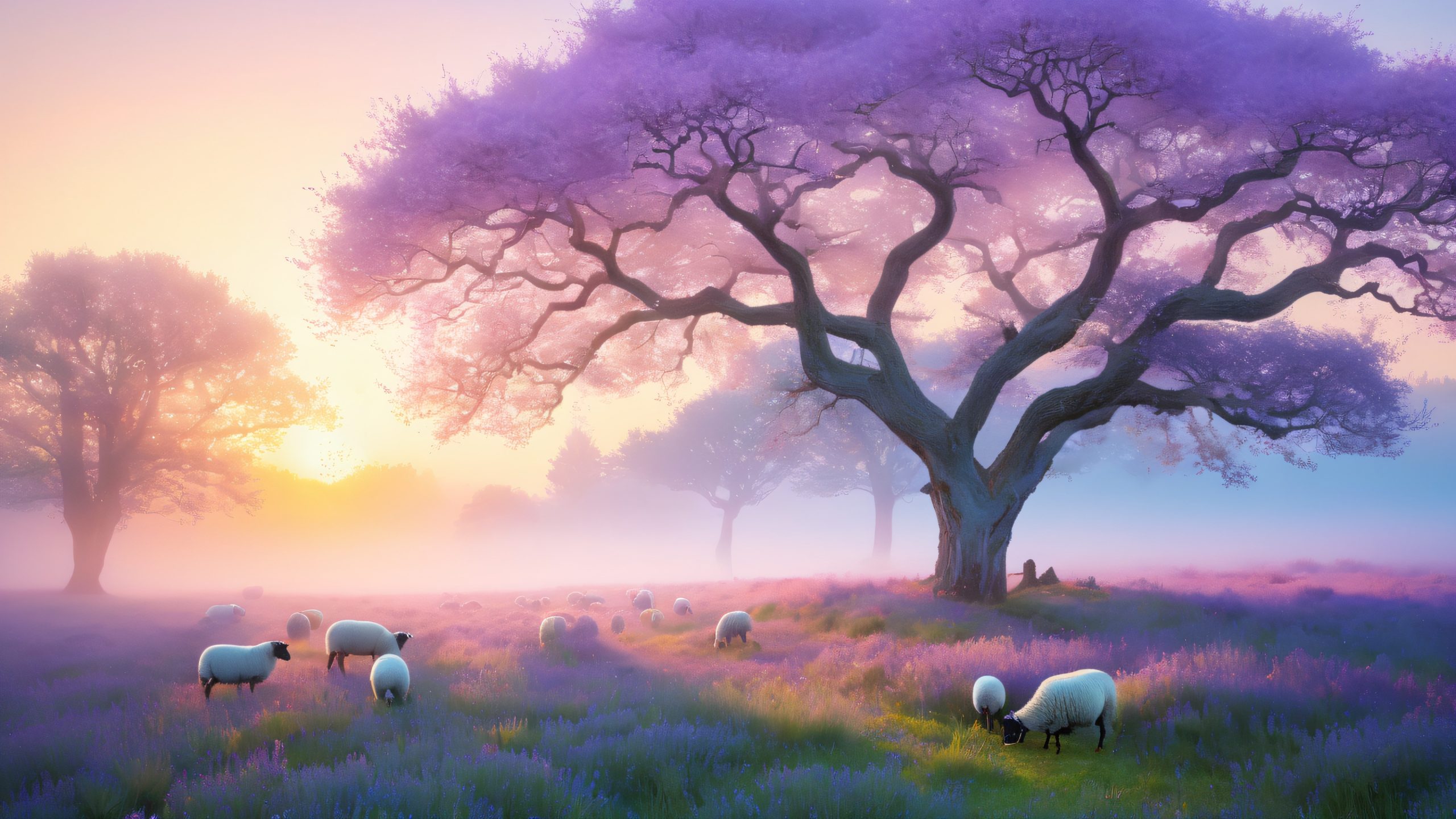 A serene, misty meadow at dusk, with sheep and ancient trees, perfect for your desktop/pc