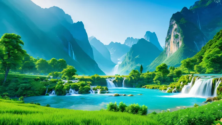Breathtaking valley landscape with misty green and blue hues, featuring a serene waterfall and lush natural surroundings.