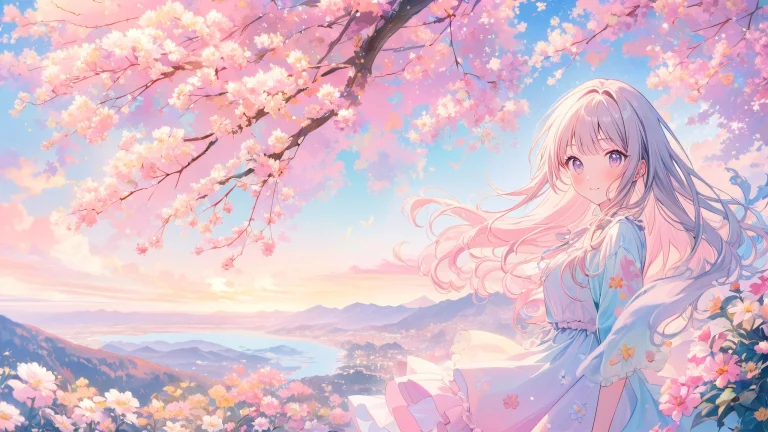 Akiyama Mizuki surrounded by floral decorations and nature in a whimsical outdoor setting