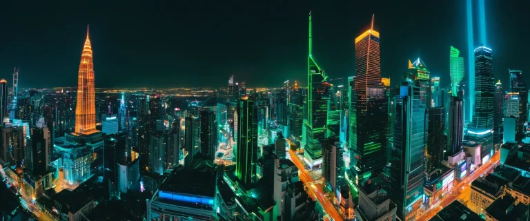 A stunning desktop wallpaper of a modern cityscape at night, featuring sleek skyscrapers, neon lights, and futuristic transportation systems on a Desktop/PC.