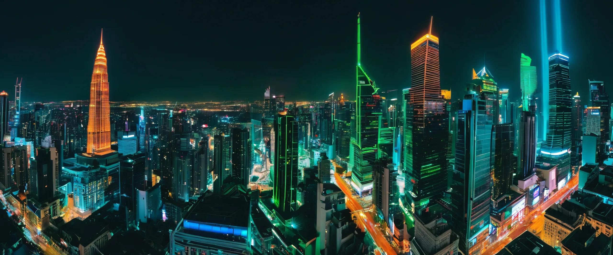 A stunning desktop wallpaper of a modern cityscape at night, featuring sleek skyscrapers, neon lights, and futuristic transportation systems on a Desktop/PC.