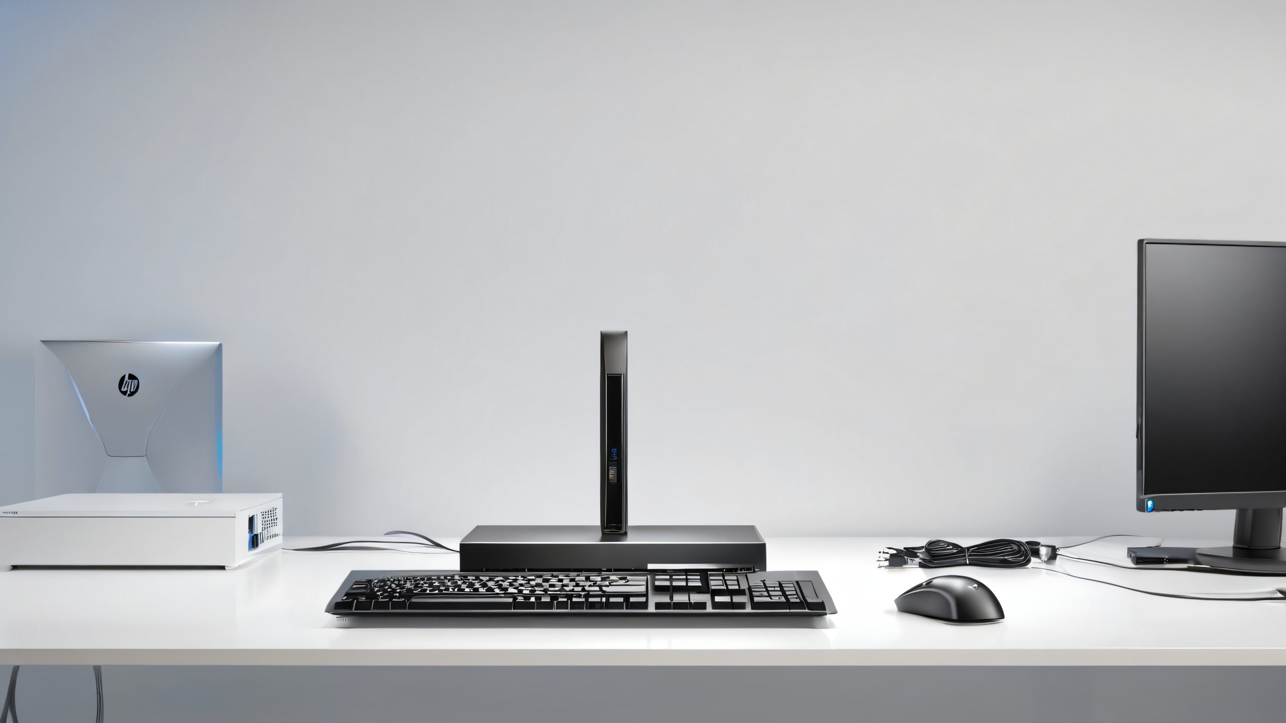 Compact PC on a minimalist workspace with glowing LED lights and scattered computer peripherals, suitable for a desktop or PC background.