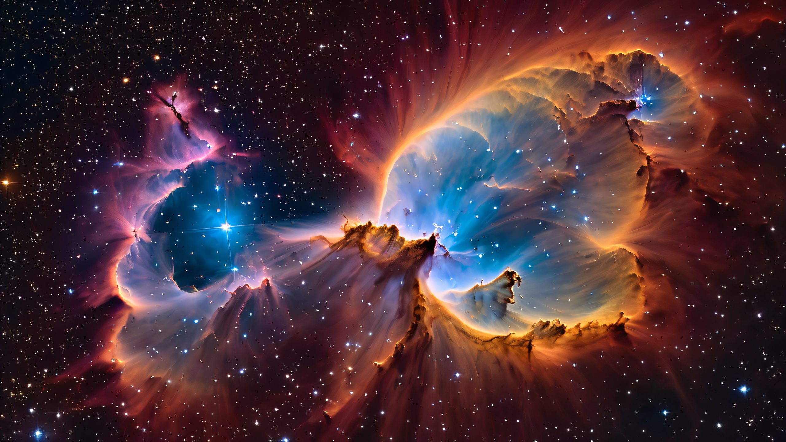 A breathtaking desktop wallpaper of the majestic NGC 2174 Monkey Head Nebula, a star-forming region in the Orion Molecular Cloud Complex, with tendrils of gas and dust curling outwards like a celestial monkey's grasping hands, amidst a vast expanse of dark space, for desktop/pc