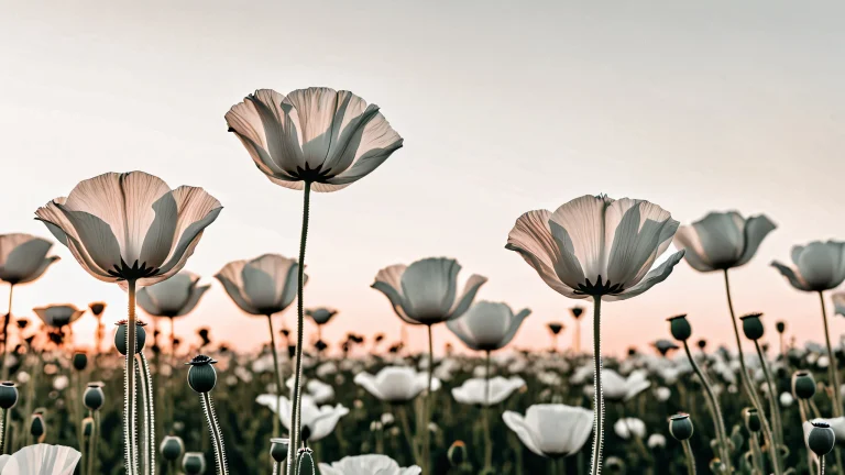 A minimalist monochromatic abstract image of a poppy flower in high contrast, with soft pastel hues.