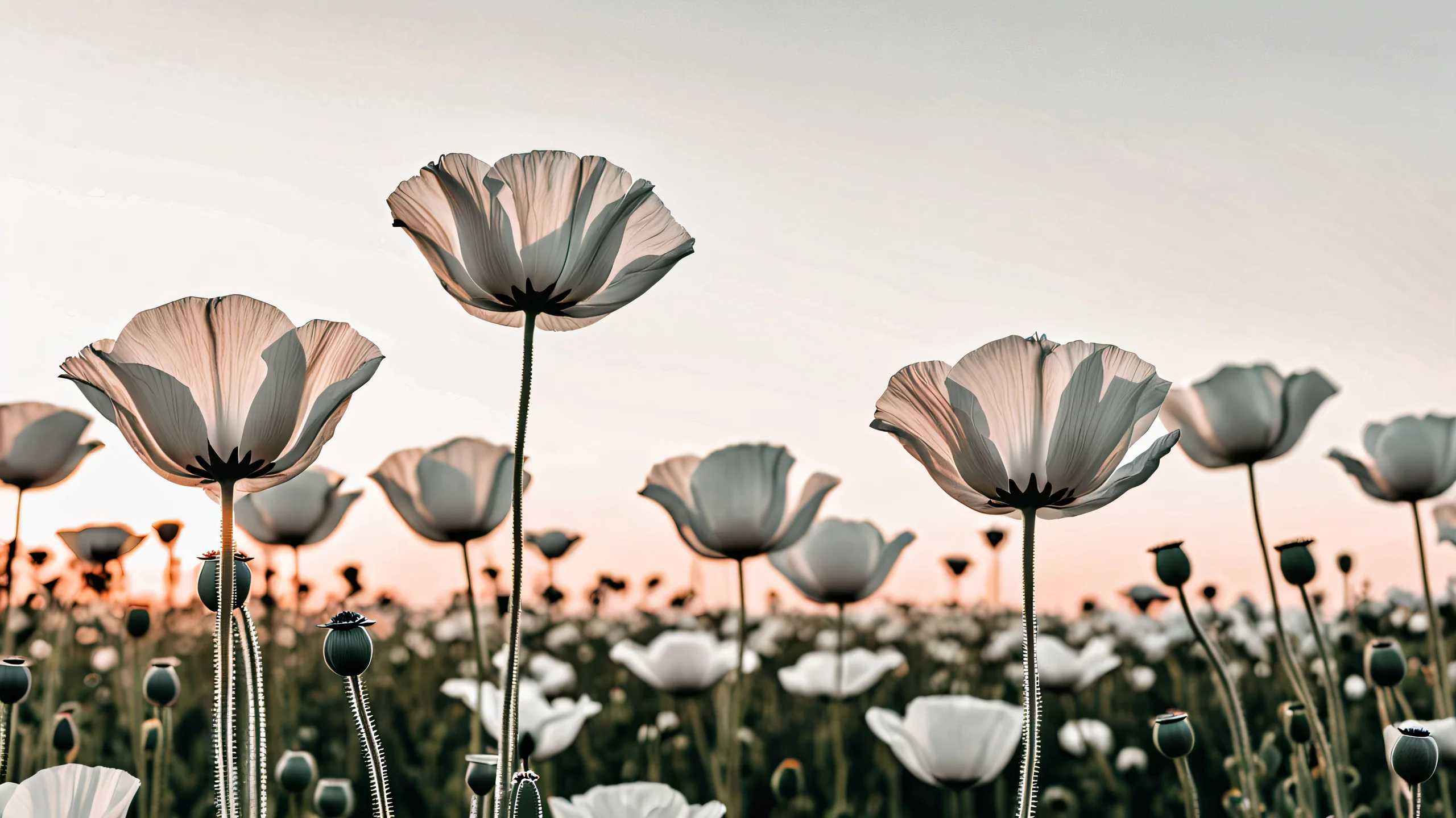 Monochromatic Bloom 4K UHD Widescreen A minimalist monochromatic abstract image of a poppy flower in high contrast, with soft pastel hues.