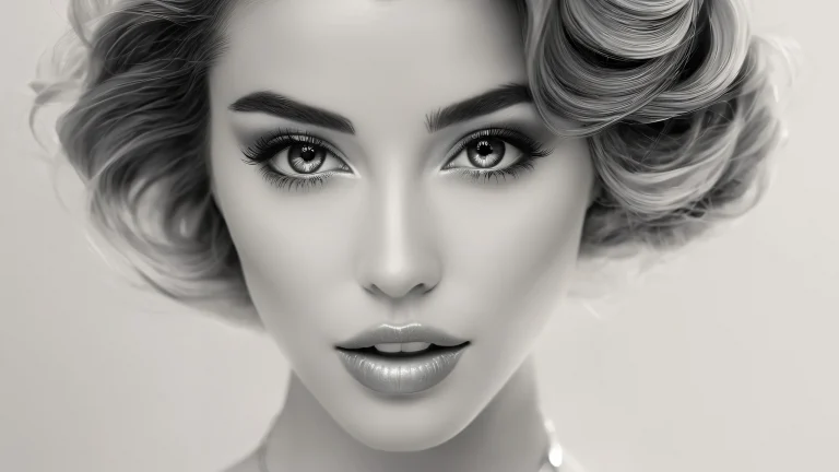 Highly detailed black and white image of a woman in a fantasy setting with intricate design and architecture.