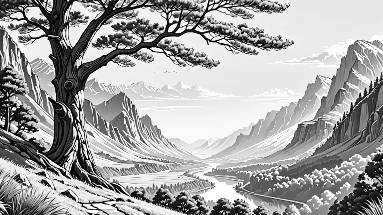 Highly detailed monochrome line art artwork with black and white tones