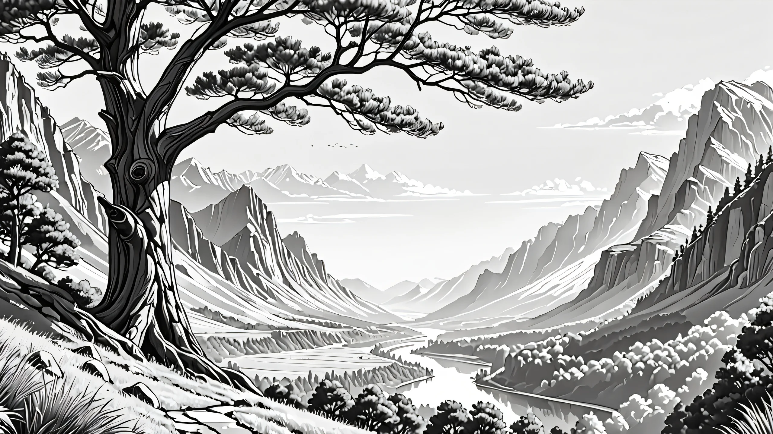 Monochromatic Masterpiece 4K Desktop Wallpaper Highly detailed monochrome line art artwork with black and white tones