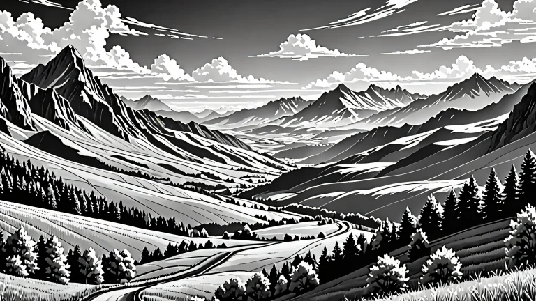 High-contrast line art artwork in shades of black and gray