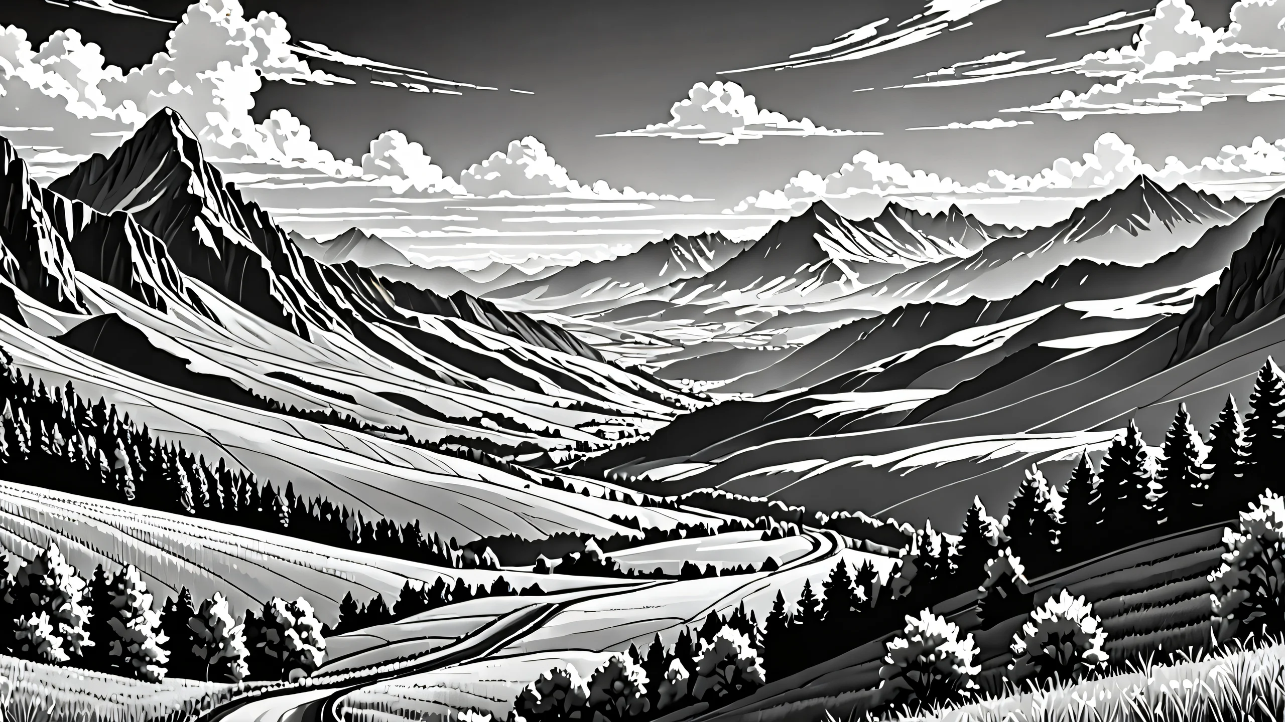 High-contrast line art artwork in shades of black and gray