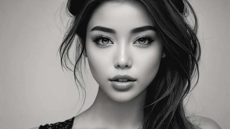 A close-up portrait of a mysterious woman in grayscale tones with intricate details.