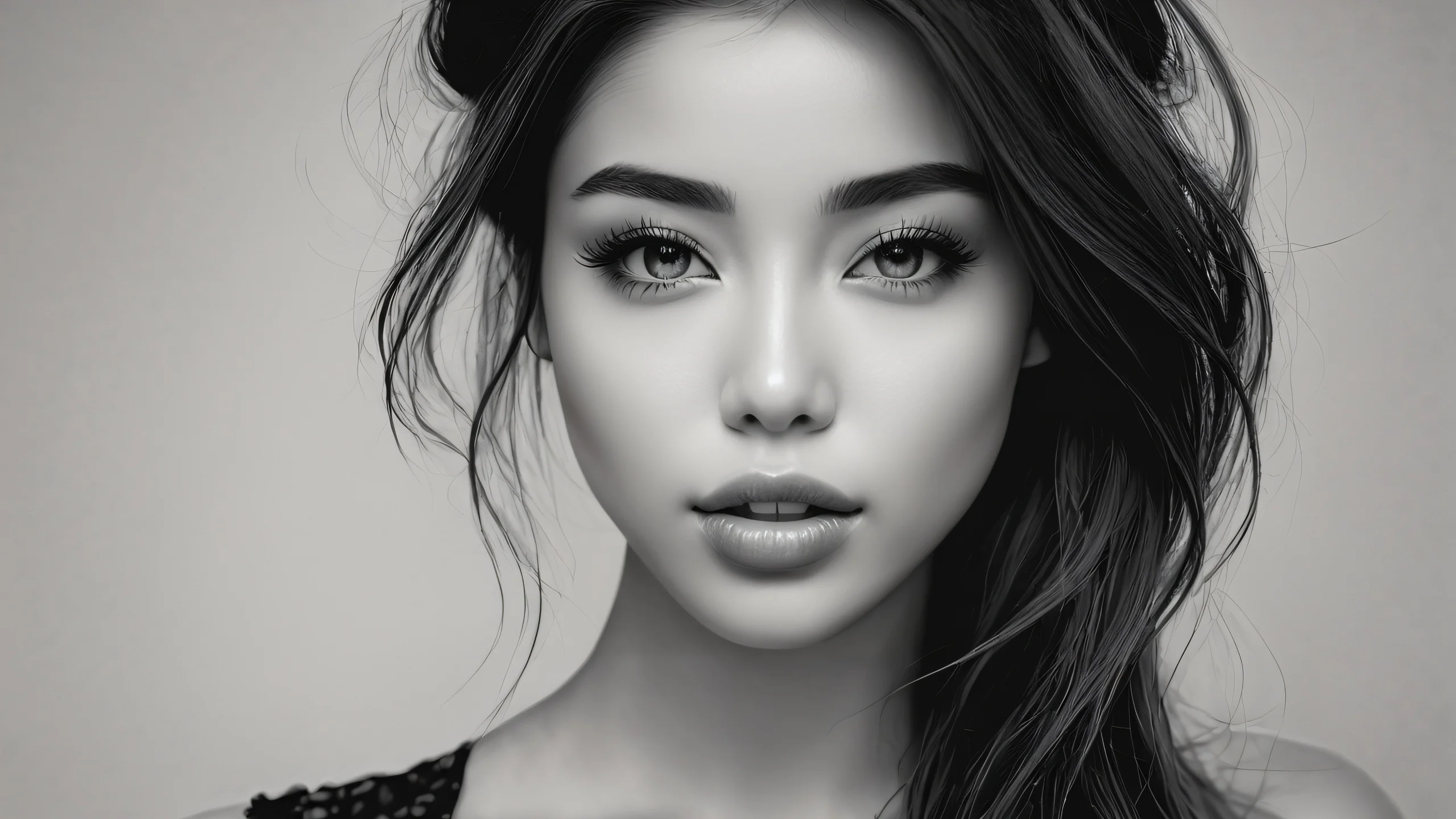 A close-up portrait of a mysterious woman in grayscale tones with intricate details.