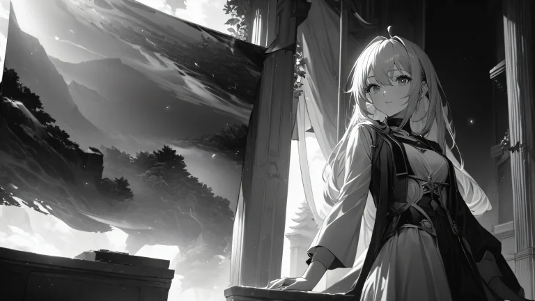 A high-quality monochromatic portrait of a girl in dark greyscale tones with sidelight and amber highlights.