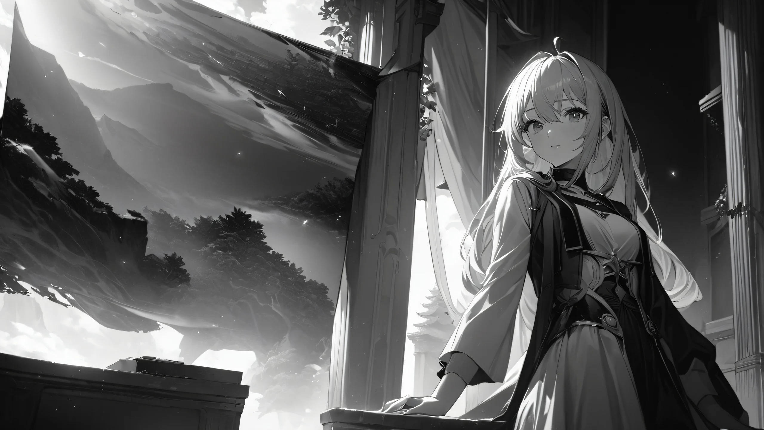 Ultra HD Monochromatic Sidelight Portrait Wallpaper A high-quality monochromatic portrait of a girl in dark greyscale tones with sidelight and amber highlights.