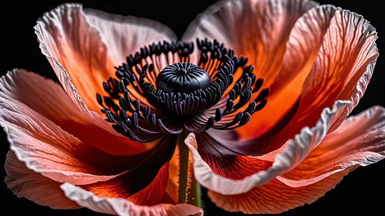 Pétalos de amapola en primerísimo plano, renderizado en impresionante monocromo con sutiles matices pastel.