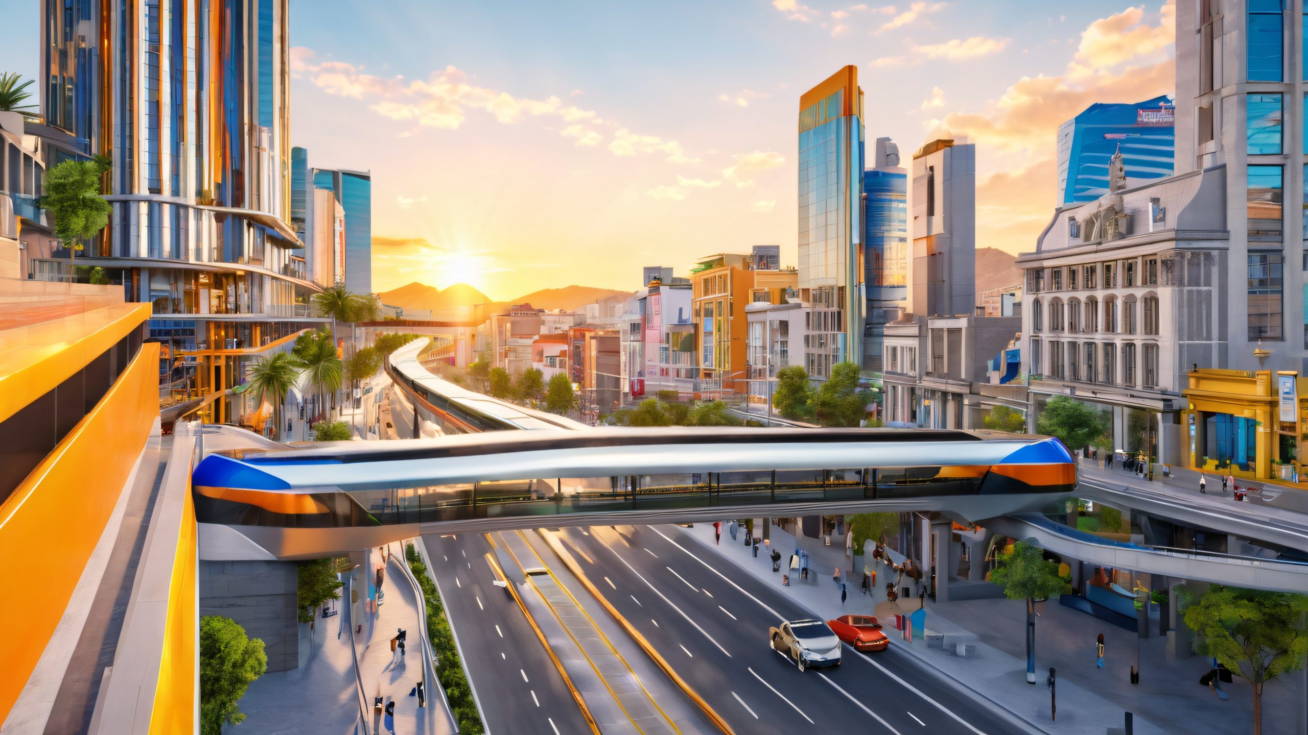 A futuristic cityscape of Monterrey, Mexico, featuring a majestic monorail track, towering skyscrapers, and bustling streets for your desktop PC