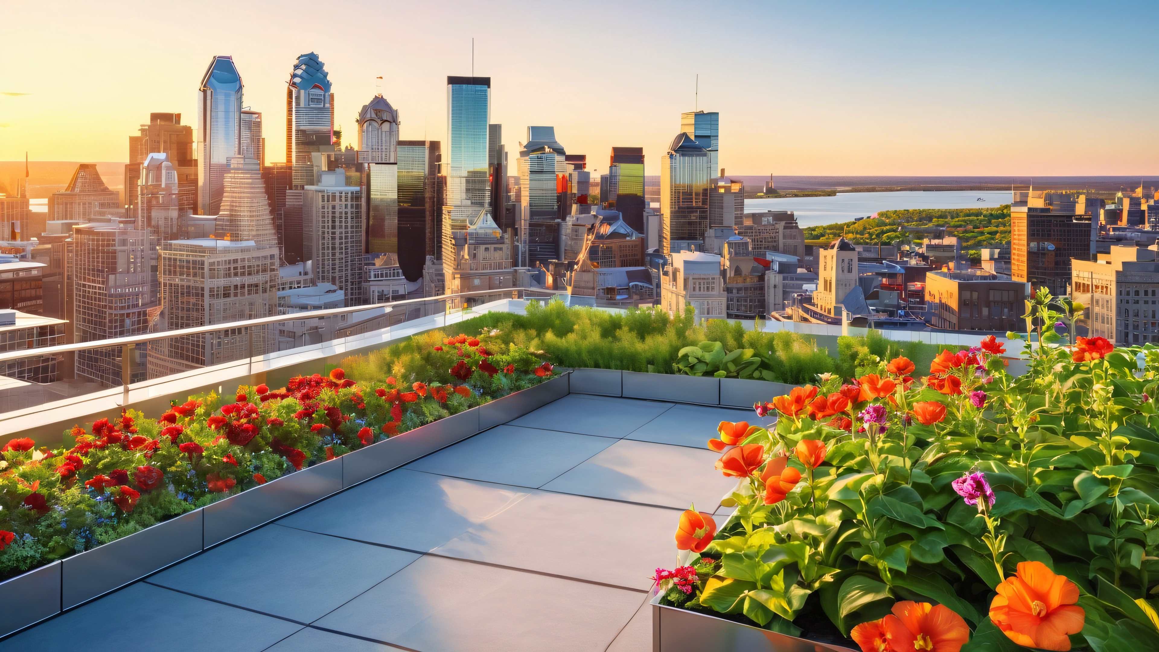 A serene urban rooftop scene with a majestic Montreal skyline in the distance, featuring lush greenery and vibrant flowers.