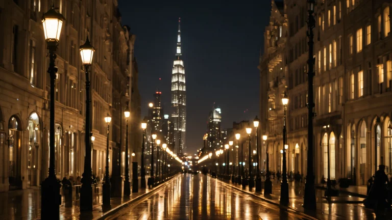 Intricate cityscape with textured skyscrapers and street lamps under a night sky.