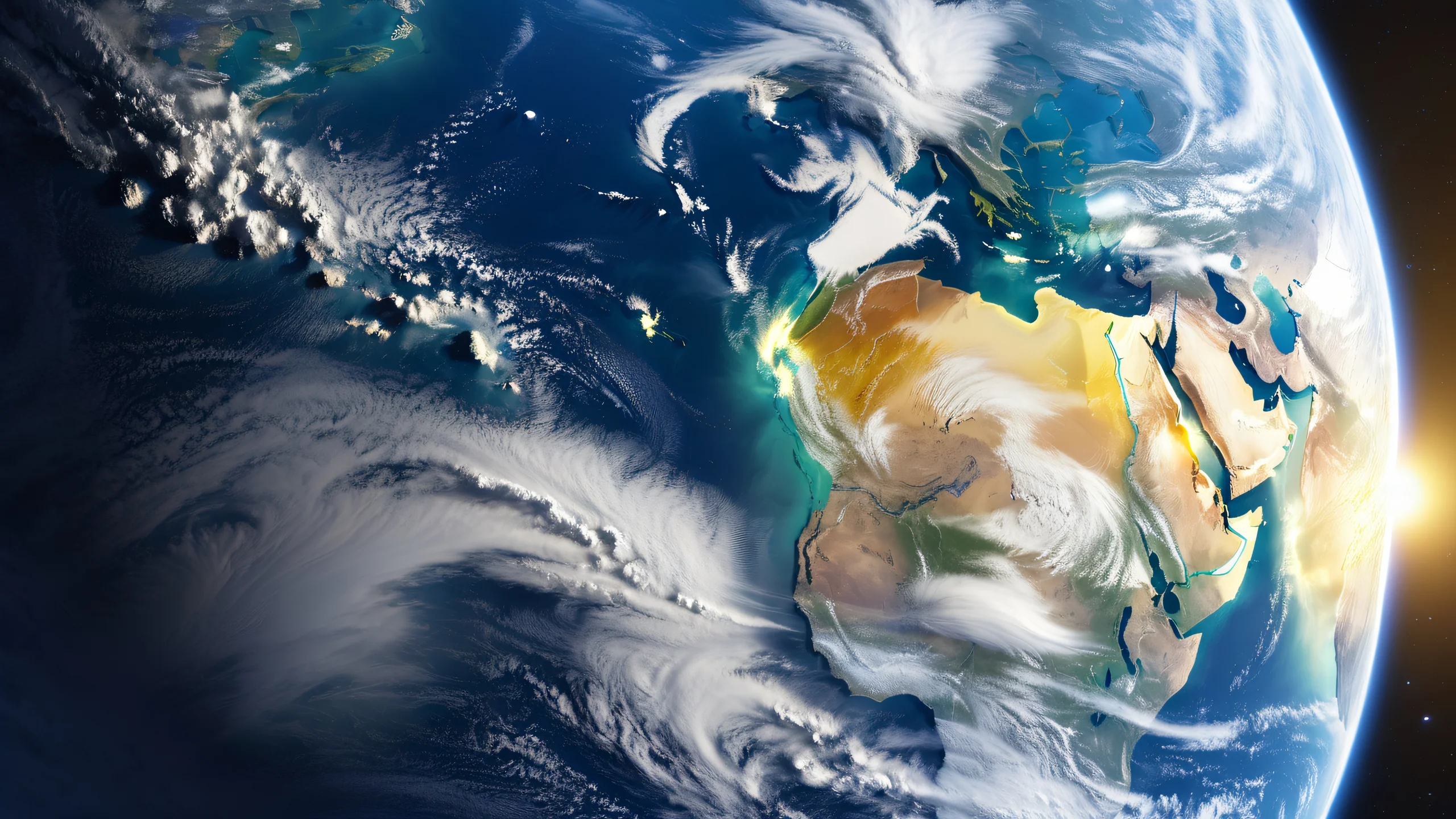 Photorealistic 4K image of the Earth at night with a soft moonlit glow and vibrant blue hues.