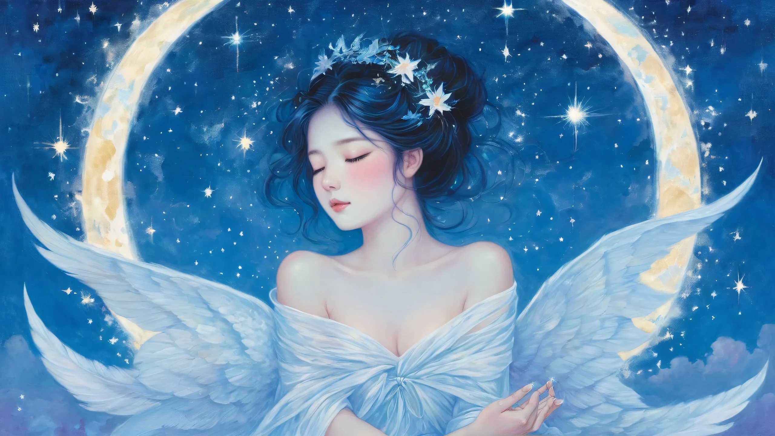 Ultra HD Moonlit Celestial Harmony Wallpaper Two celestial beings with glowing crescent marks on their foreheads surrounded by a soft blue halo on a starry night sky, perfect for your desktop/pc