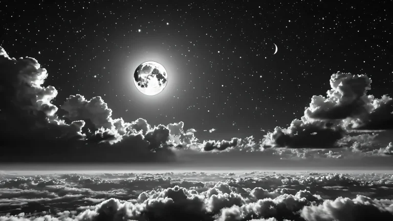 A monochromatic depiction of the moon and night sky, featuring clouds and stars amidst a backdrop of deep space.