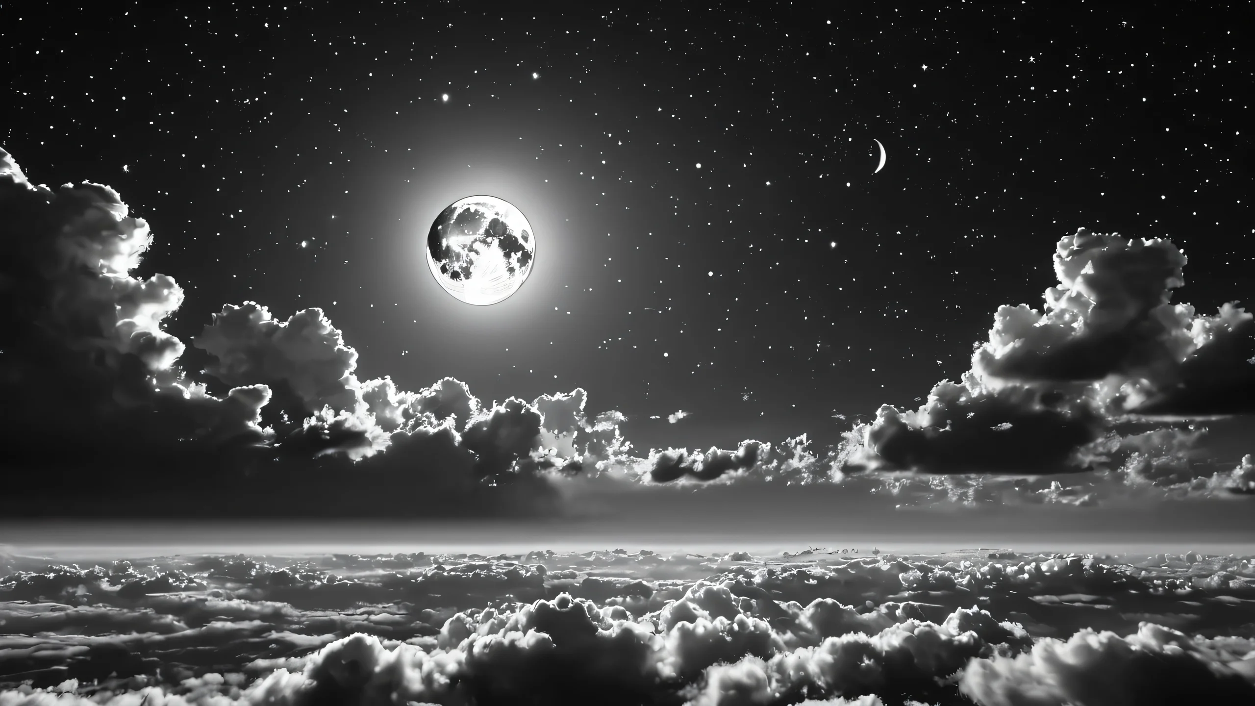 A monochromatic depiction of the moon and night sky, featuring clouds and stars amidst a backdrop of deep space.