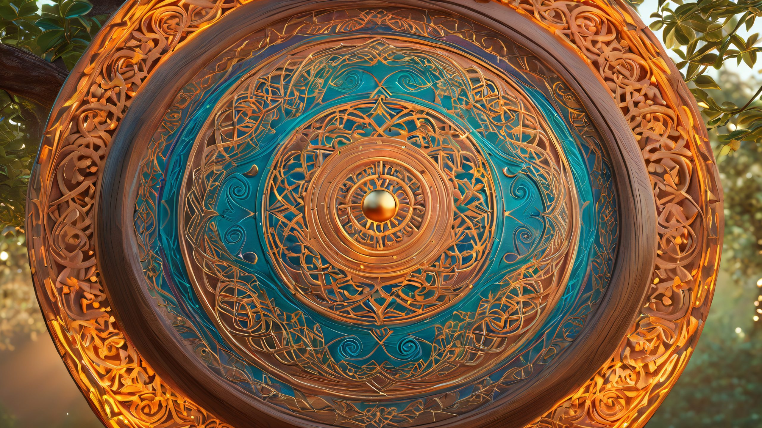 Ultra HD Moonlit Celtic Enchantment Wallpaper Ancient wooden archer's target with Celtic knotwork patterns glows softly in a mystical clearing surrounded by ancient trees and whisper-thin strands of ethereal silk, suitable for desktop/pc.