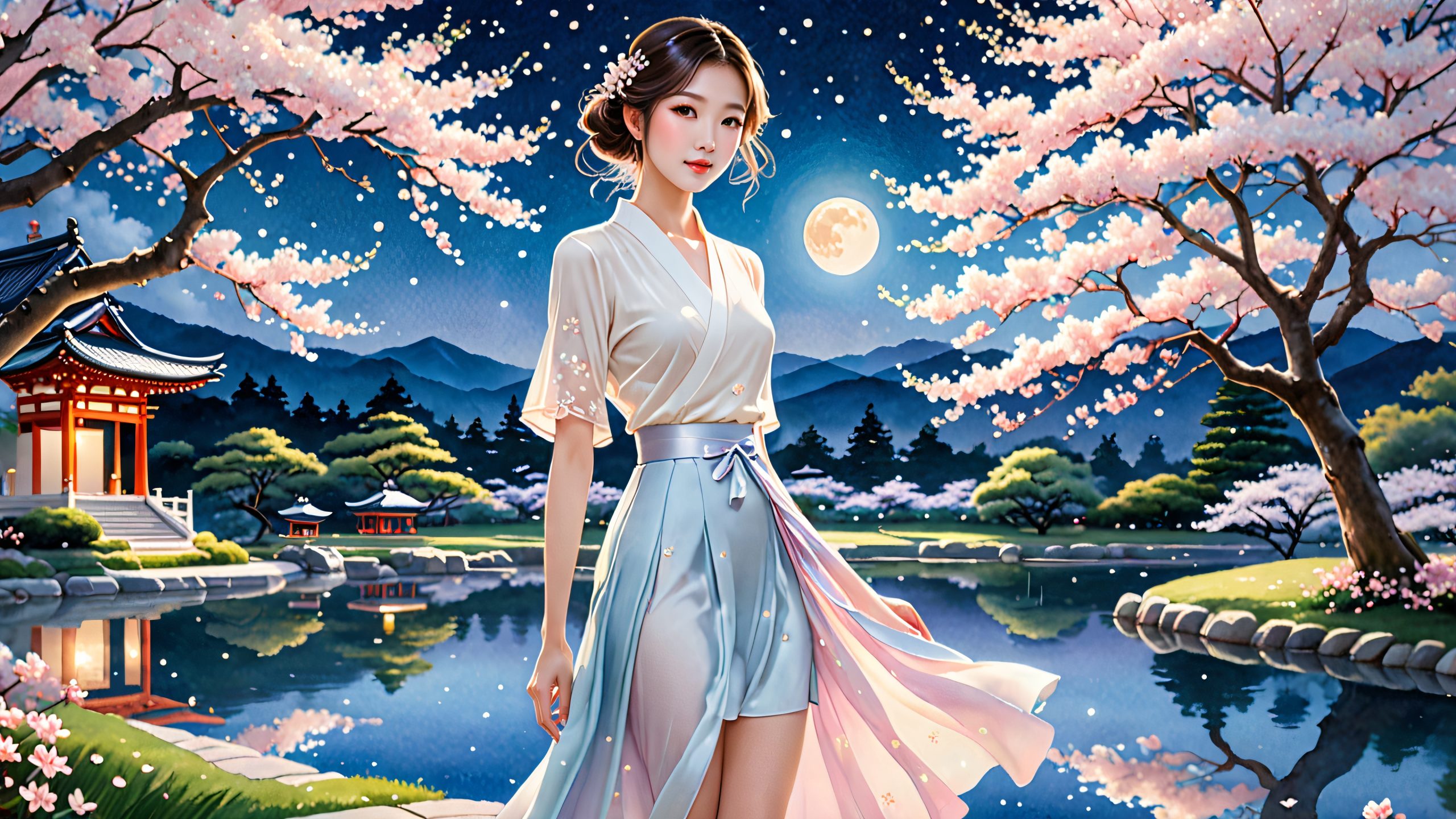 A young woman standing in a moonlit garden surrounded by blooming cherry blossoms and snowflakes, for desktop/pc use.