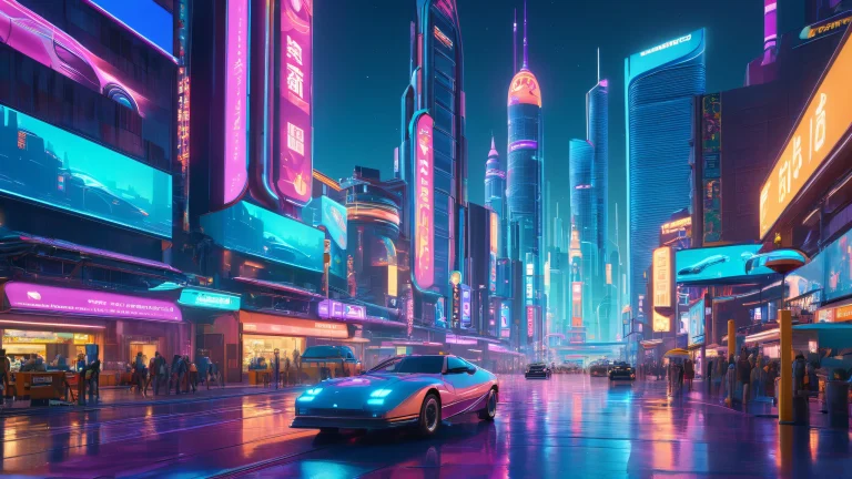 A futuristic city desktop wallpaper featuring towering skyscrapers, hovercars, and pedestrians at night, with a bright blue moon hanging low in the sky for PC/monitor use.