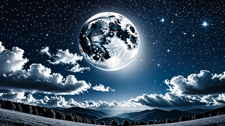 A stunning monochrome digital artwork of the moon and night sky with clouds and stars.