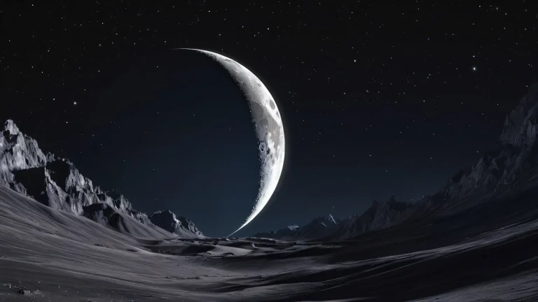 Ethereal desktop wallpaper of the Moon against a black background with stars on a Desktop/PC