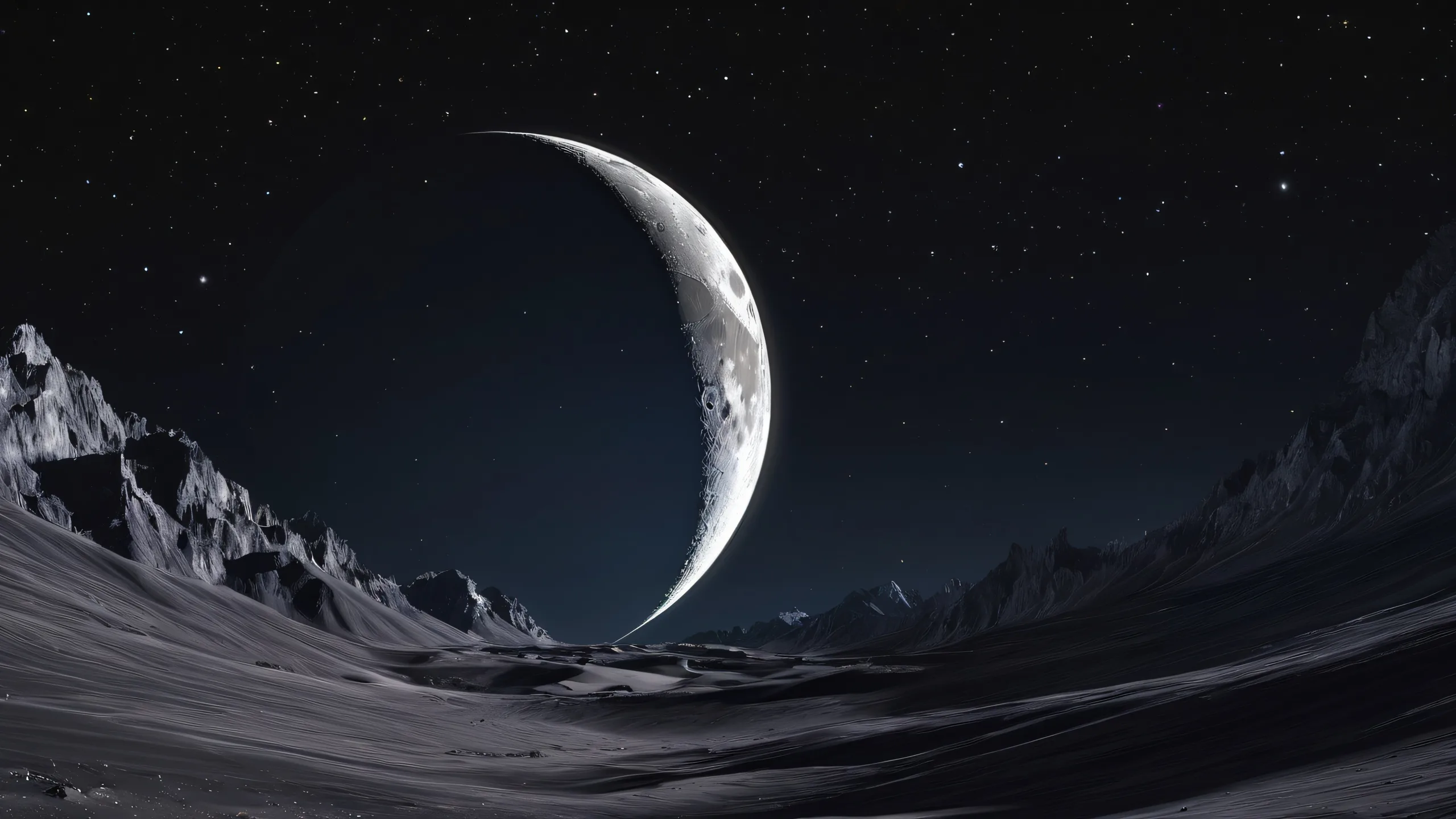 Moonlit Cosmic Odyssey 4K UHD Wallpaper Ethereal desktop wallpaper of the Moon against a black background with stars on a Desktop/PC
