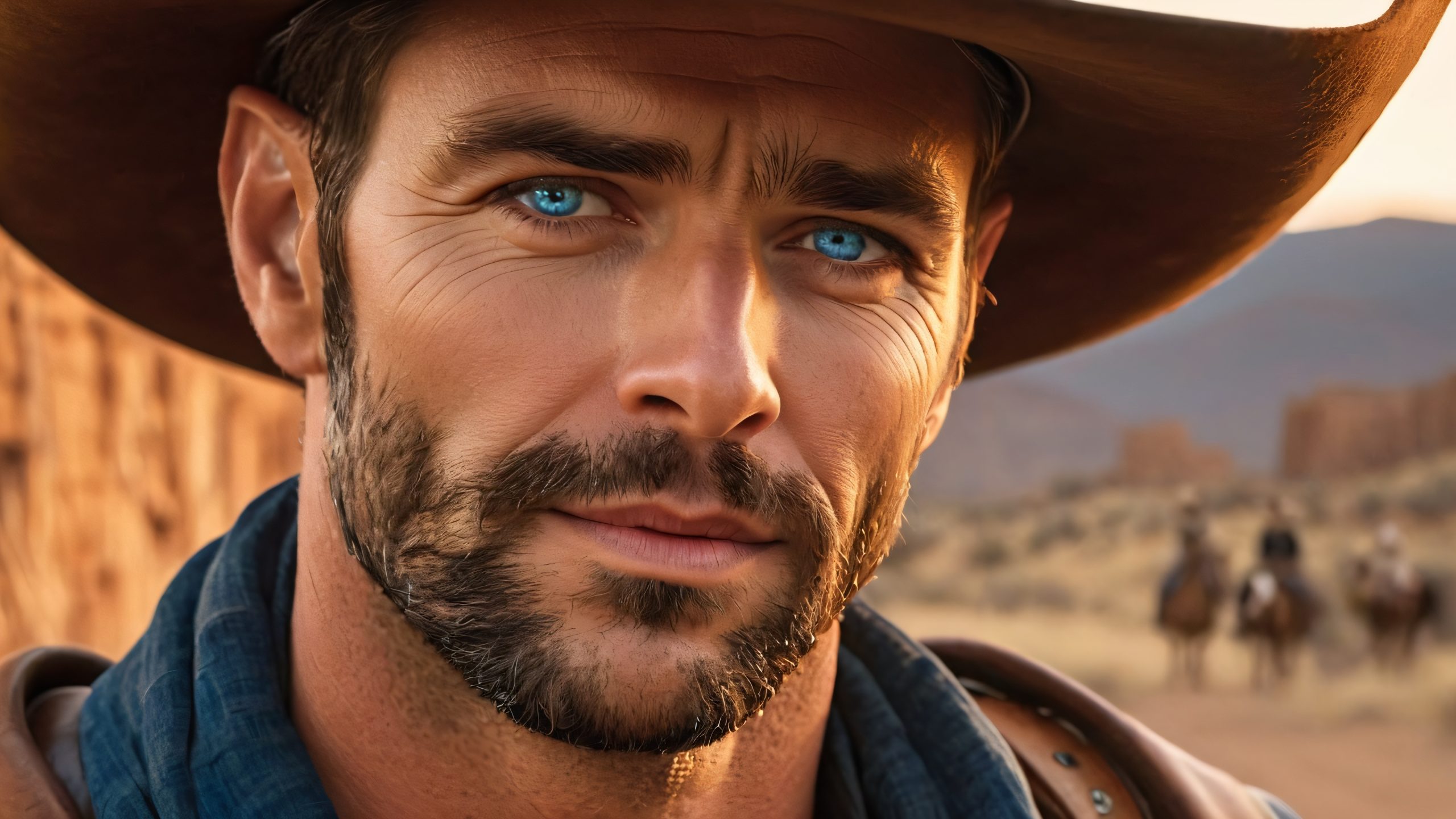 4K Moonlit Cowboy Portrait Desktop Background Rugged cowboy in a moonlit town square with atmospheric lighting