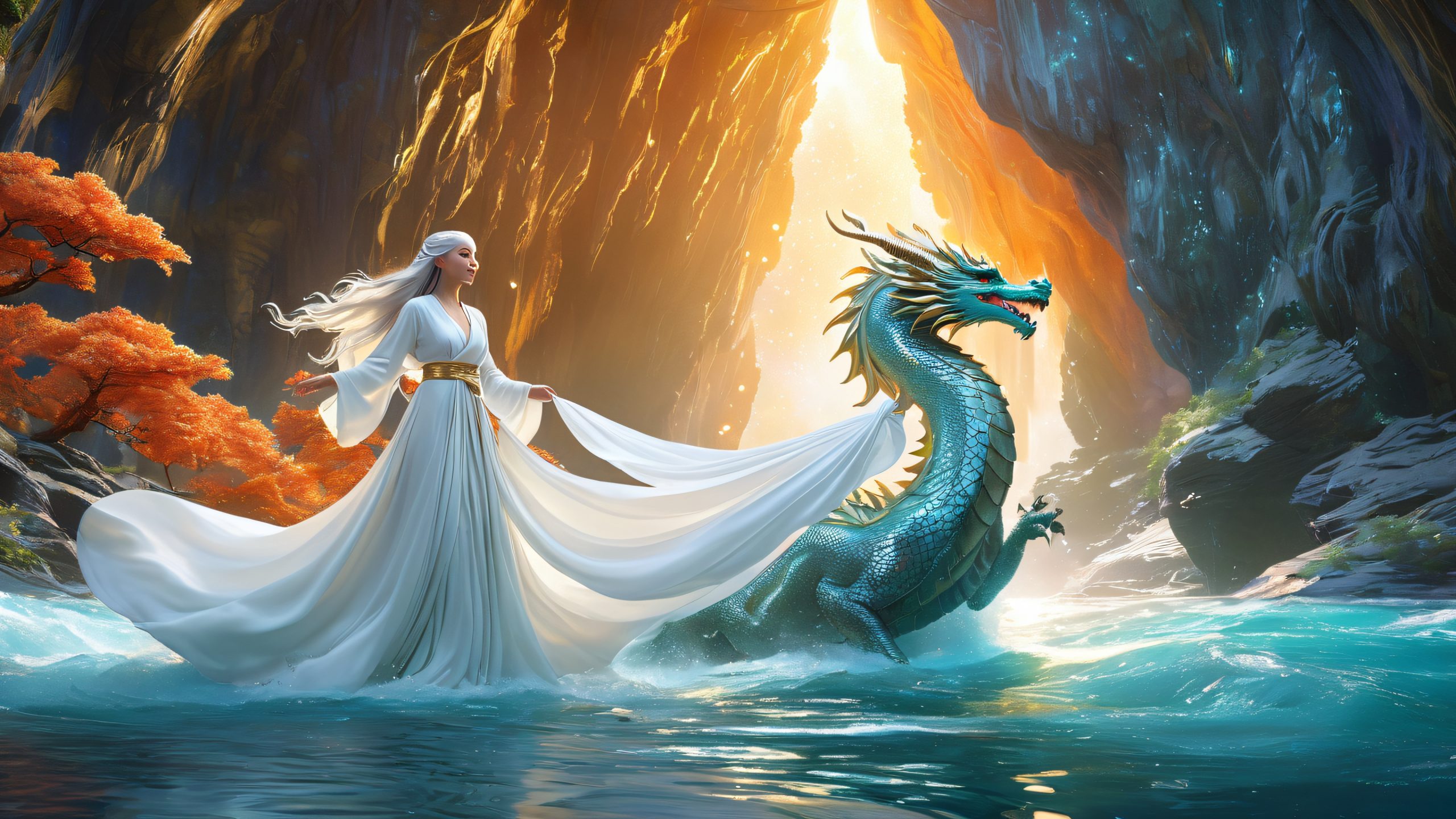A majestic woman rides a dragon above a glowing magical river in a mystical cave.