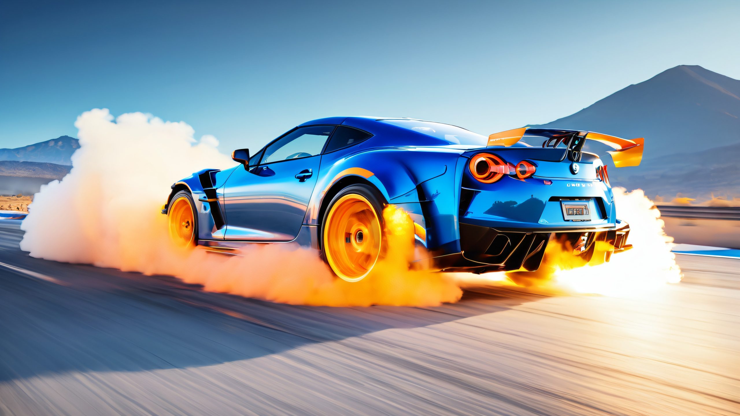 High-performance drift car on a deserted moonlit highway with a post-apocalyptic wasteland backdrop. Desktop/PC.