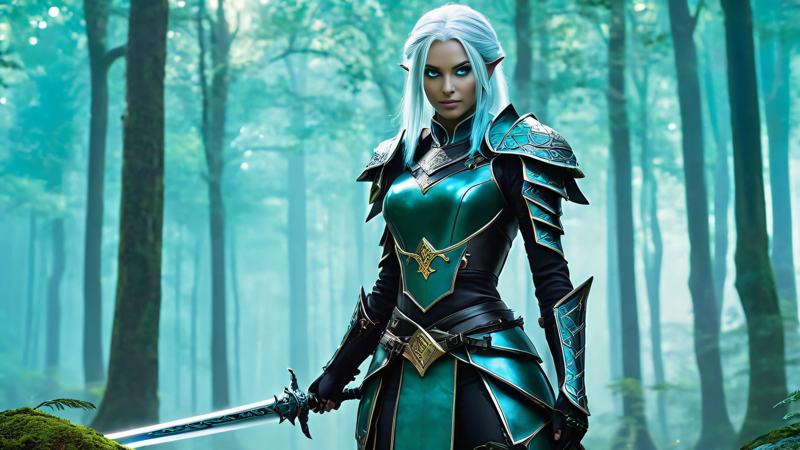 A majestic Drow warrior standing at the edge of a mystical forest, with a sword and shield, for use as a desktop background for PC or laptop