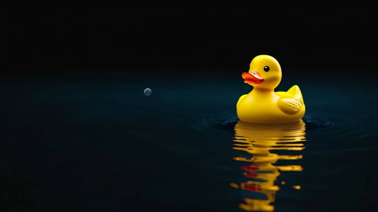 A yellow rubber duck floats on a transparent water surface against a dark black space with a crescent moon and glowing accents.