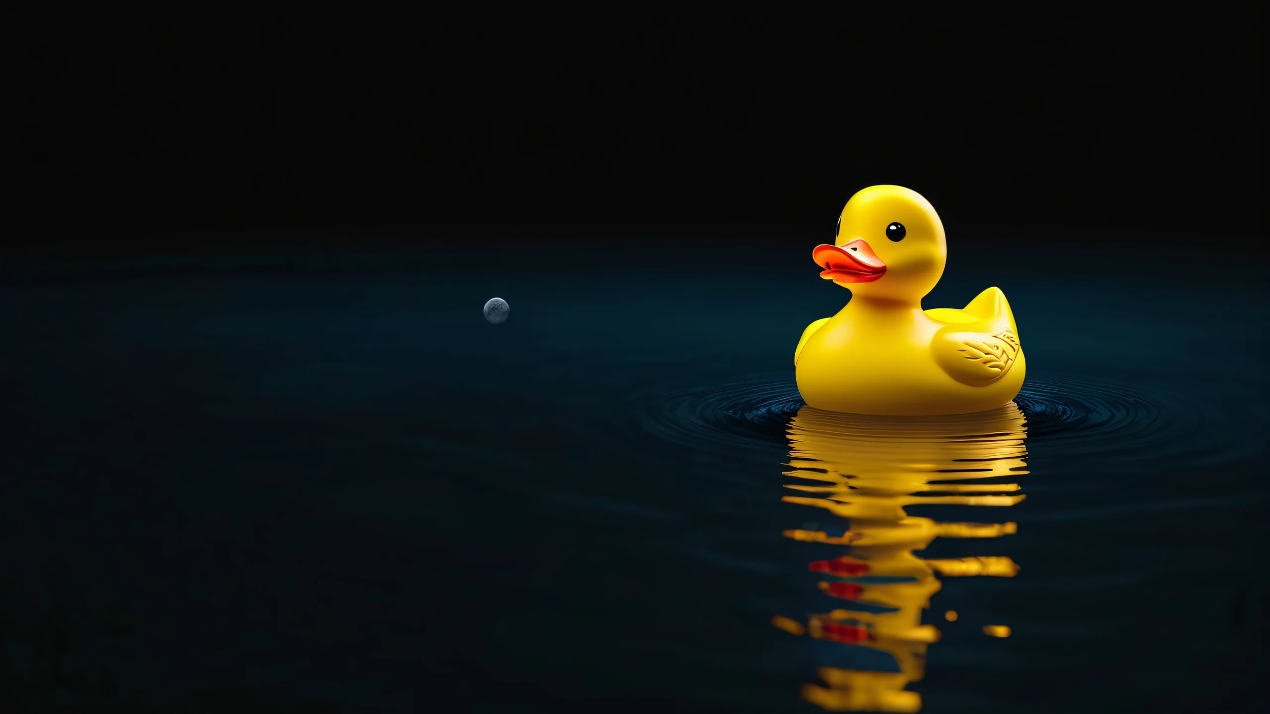 Moonlit Duck Harmony 4K Desktop Wallpaper A yellow rubber duck floats on a transparent water surface against a dark black space with a crescent moon and glowing accents.