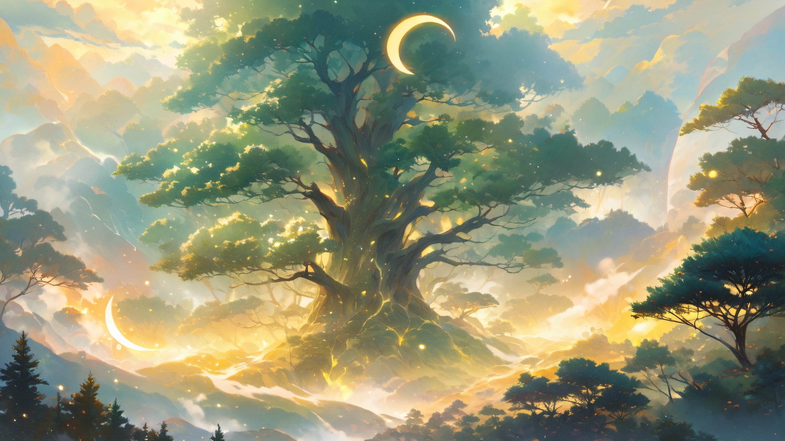 4K Moonlit Foggy Sanctuary Wallpaper for PC/Mac A serene foggy forest clearing with a lone tree standing tall on a desktop or PC.