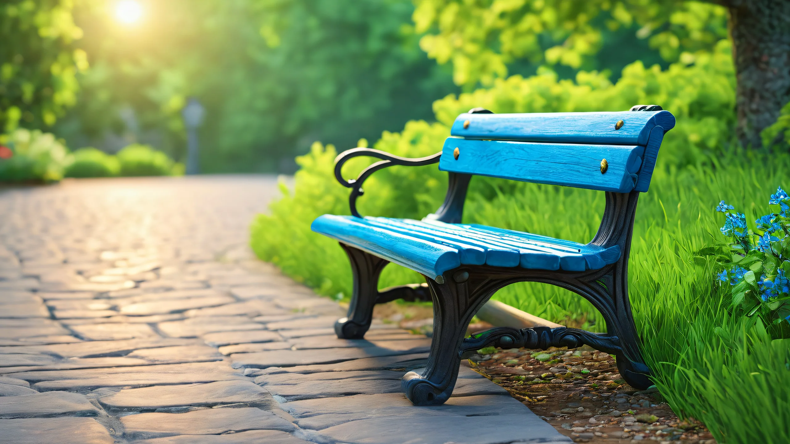 4K Moonlit Forest Bench Desktop Background A serene bench scene in a forest at night with a full moon and greenery lit by soft blue moonlight.