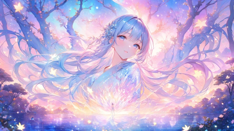 A serene fantasy scene of a gentle being in a kimono standing amidst a misty forest glade on a desktop or PC.